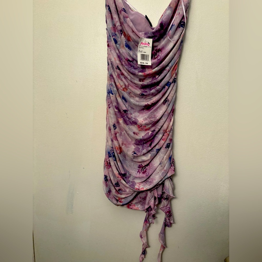 NWT LILAC FLORAL MESH RUCHED DRESS - Picture 2 of 4